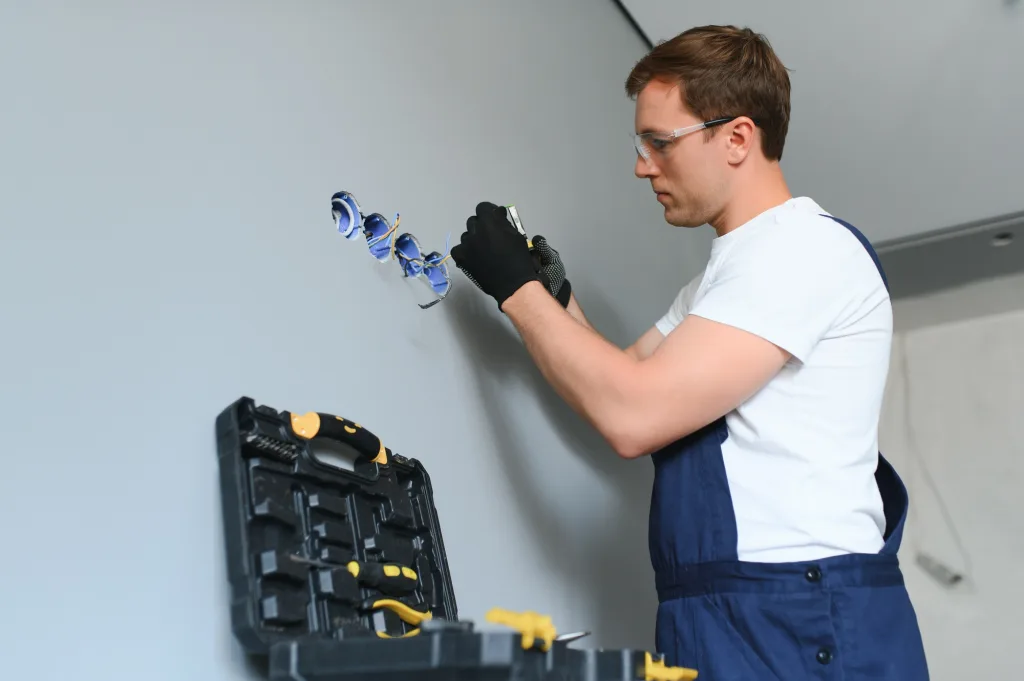 Electrician Builder at work, installation of sockets and switches